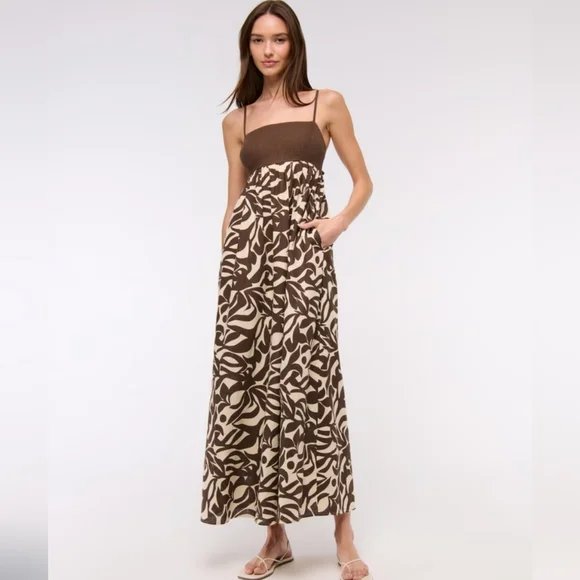 Abercrombie & Fitch | Dresses | Abercrombie Tie Back Babydoll Maxi Dress  Brown Pattern | Poshmark